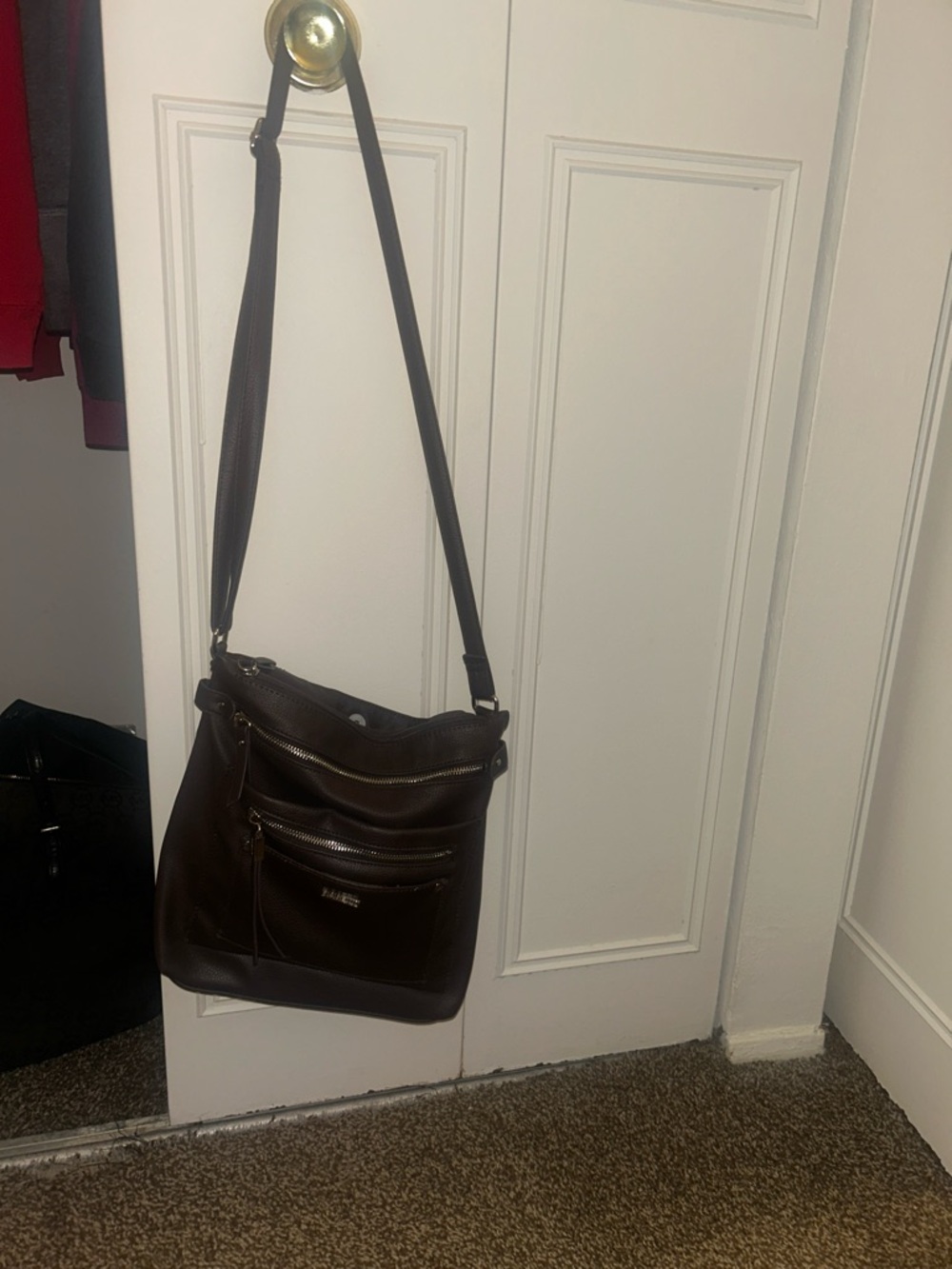 Dark Brown Leather Crossbody Bag with Front Zip Pockets